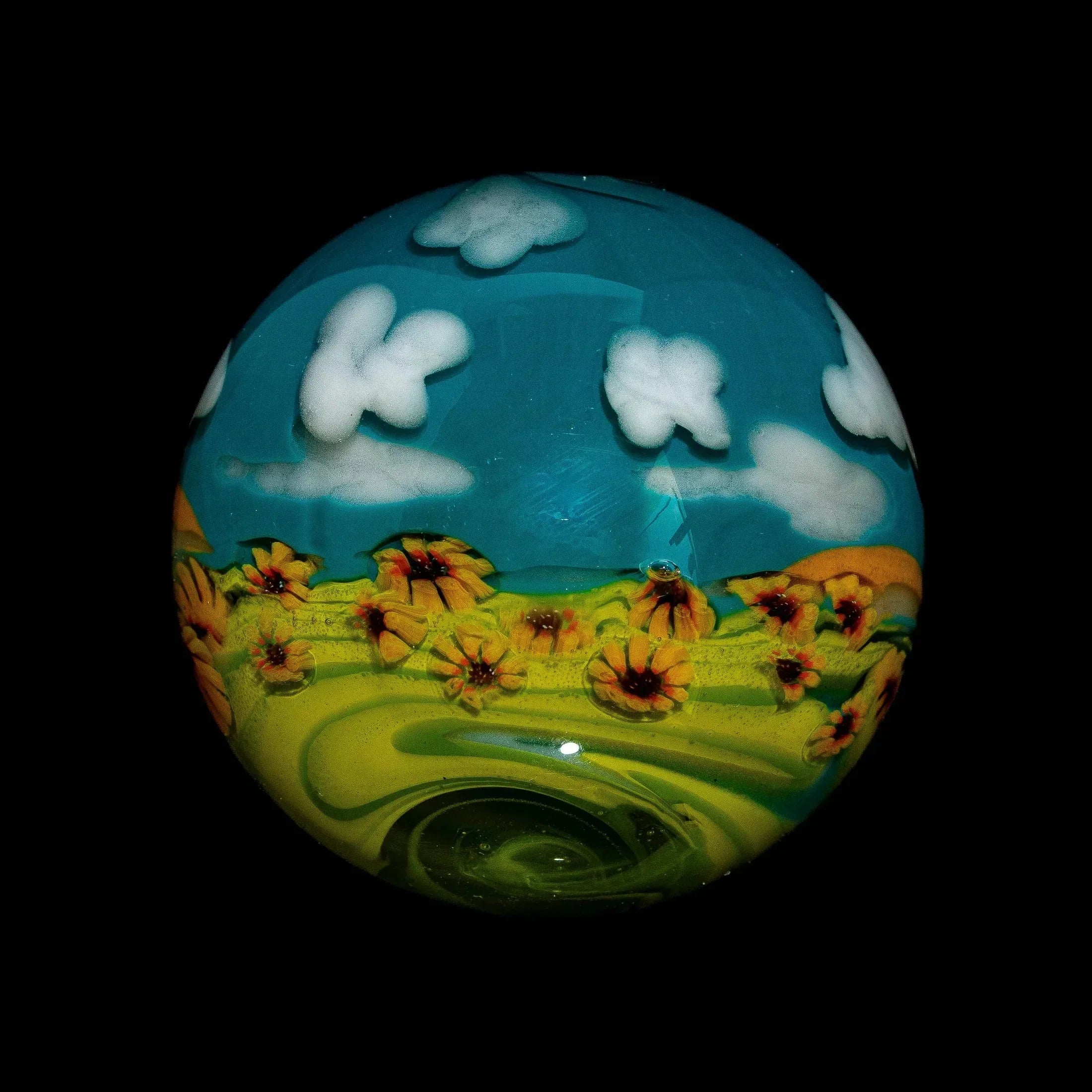 Handblown glass marble with sunflower field and blue sky design, heady glass art piece