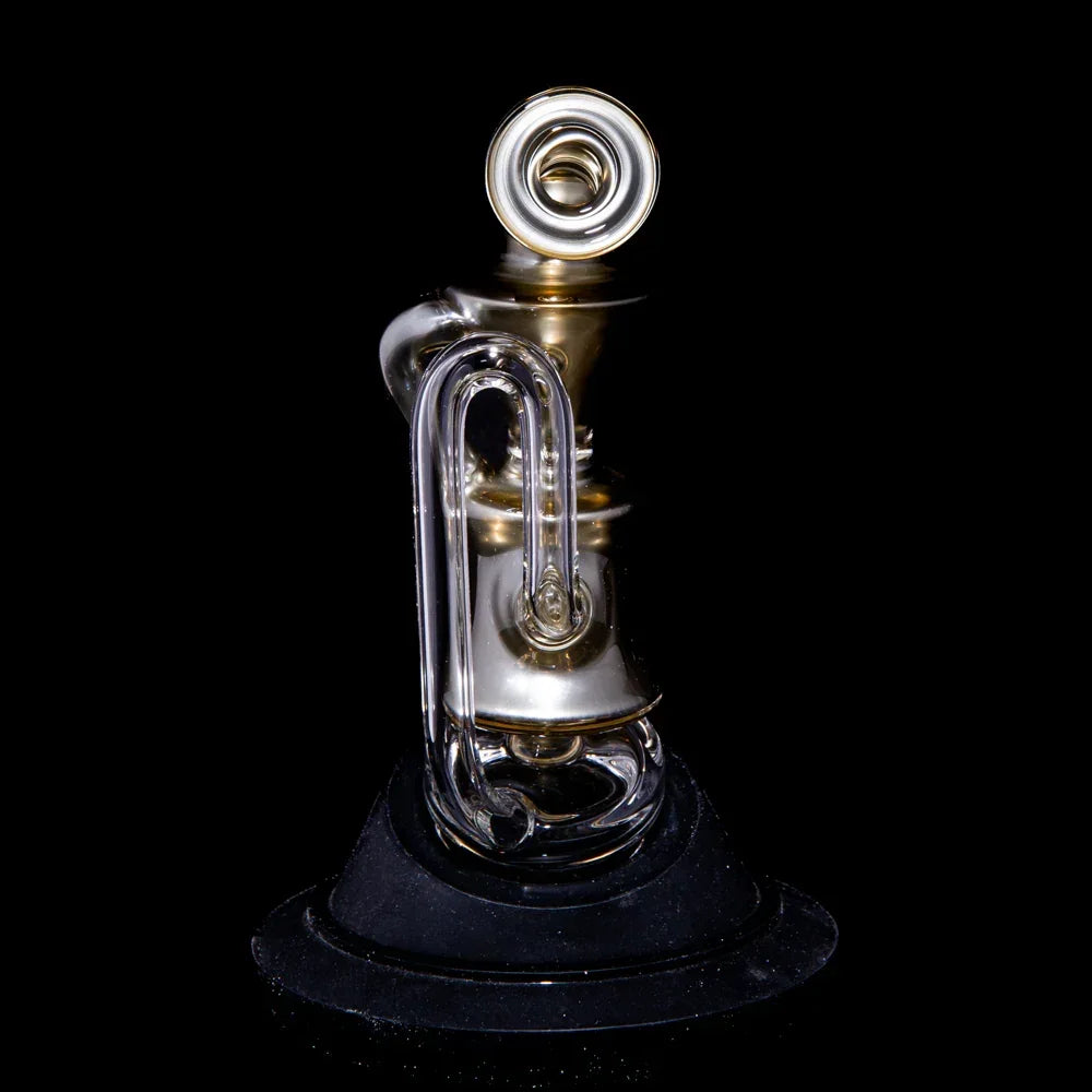 Electrum peak recycler glass water pipe with gold accents and intricate recycler design