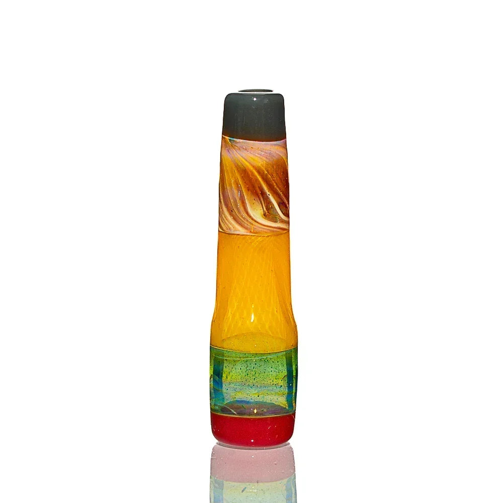 Colorful glass joint tip with orange, green, and red swirls on white background