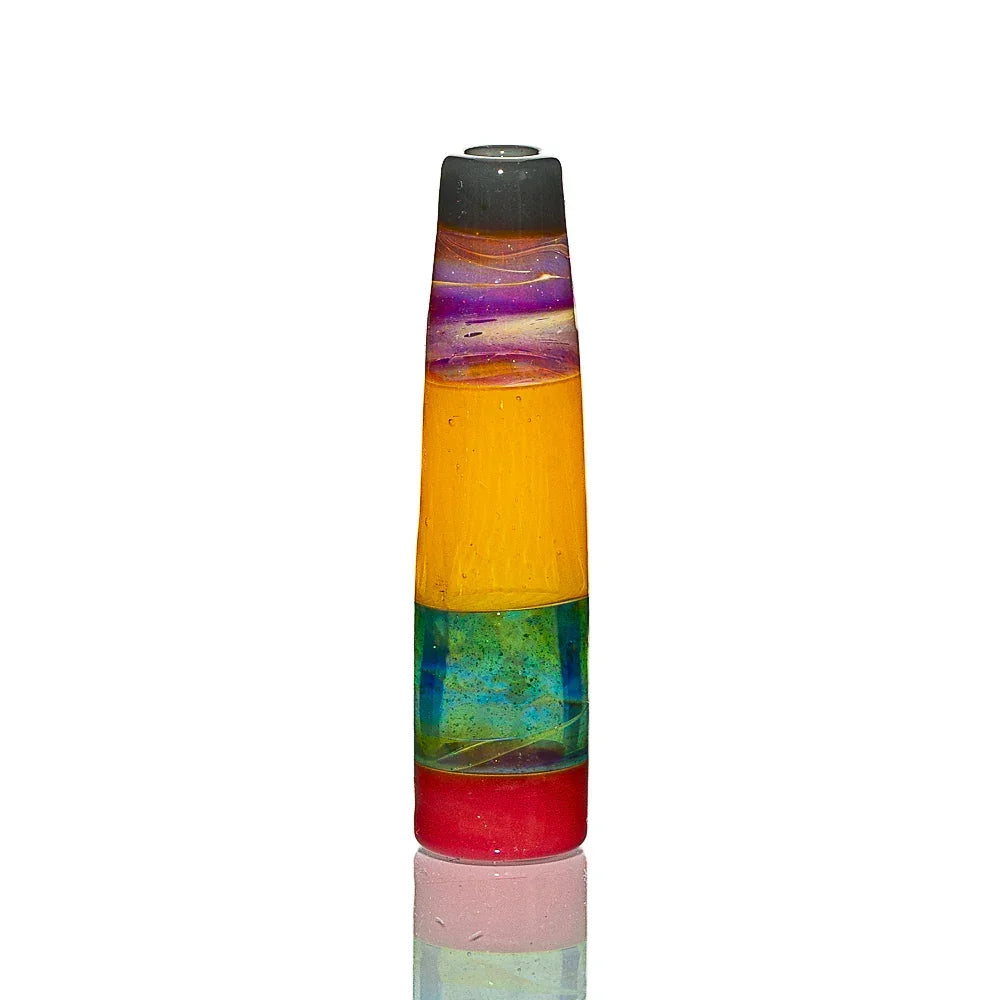 Colorful glass joint tip with layered red, yellow, green, and purple design on white background