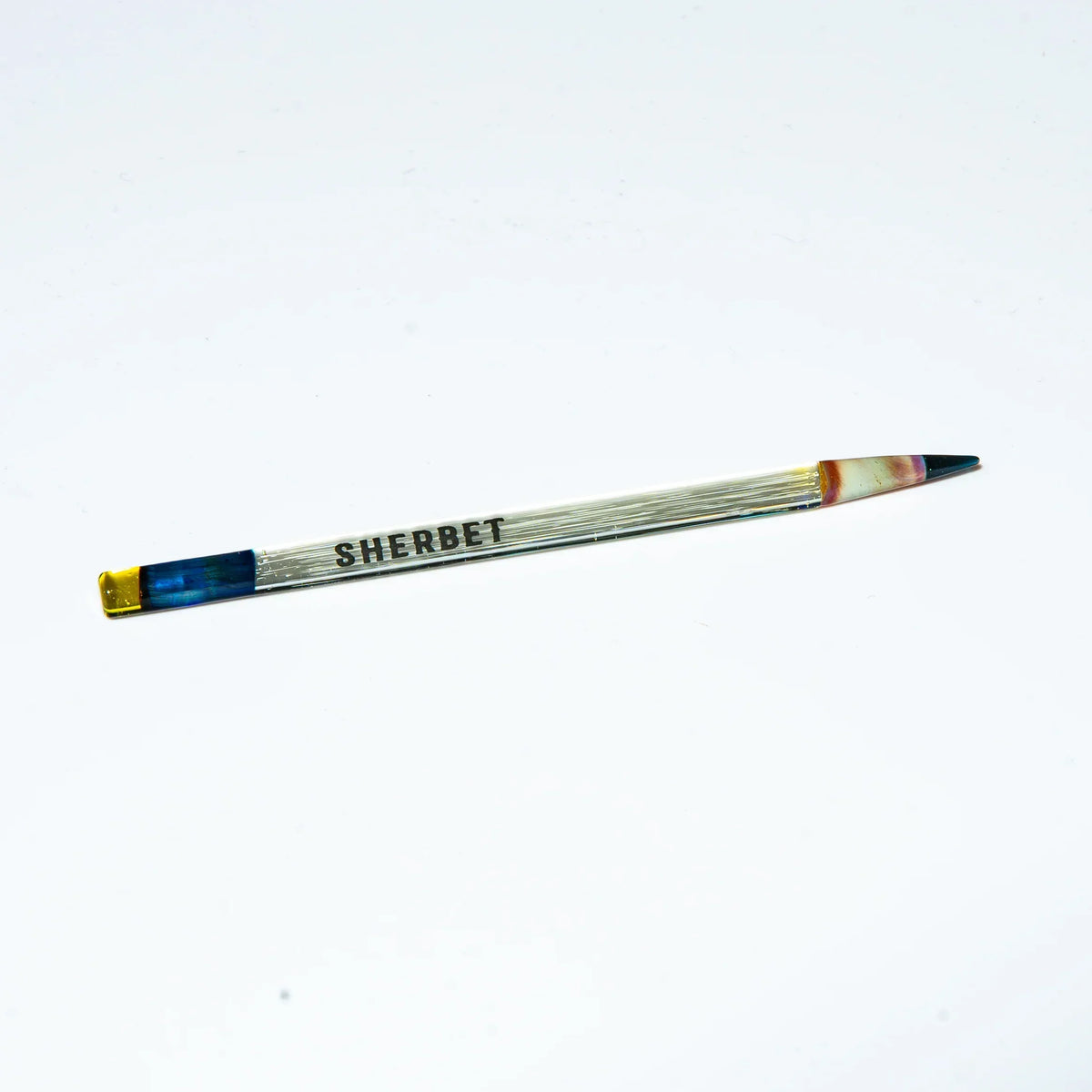Sherbet logo glass pencil with colored ends on white background