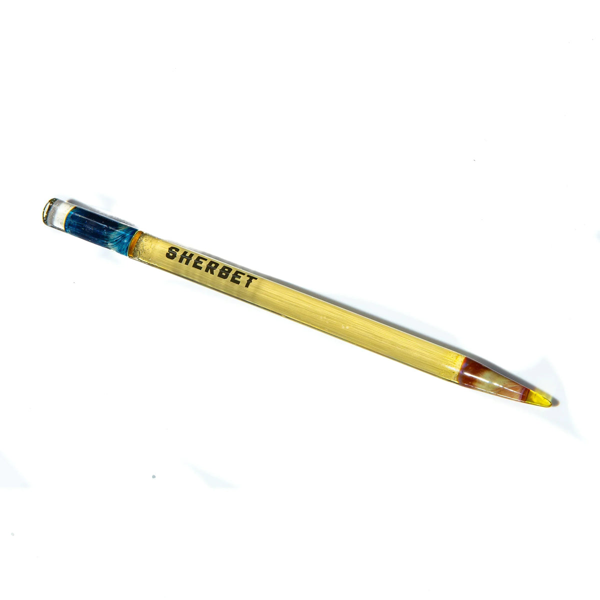 Sherbet logo yellow glass dabber tool with colored accents on white background.