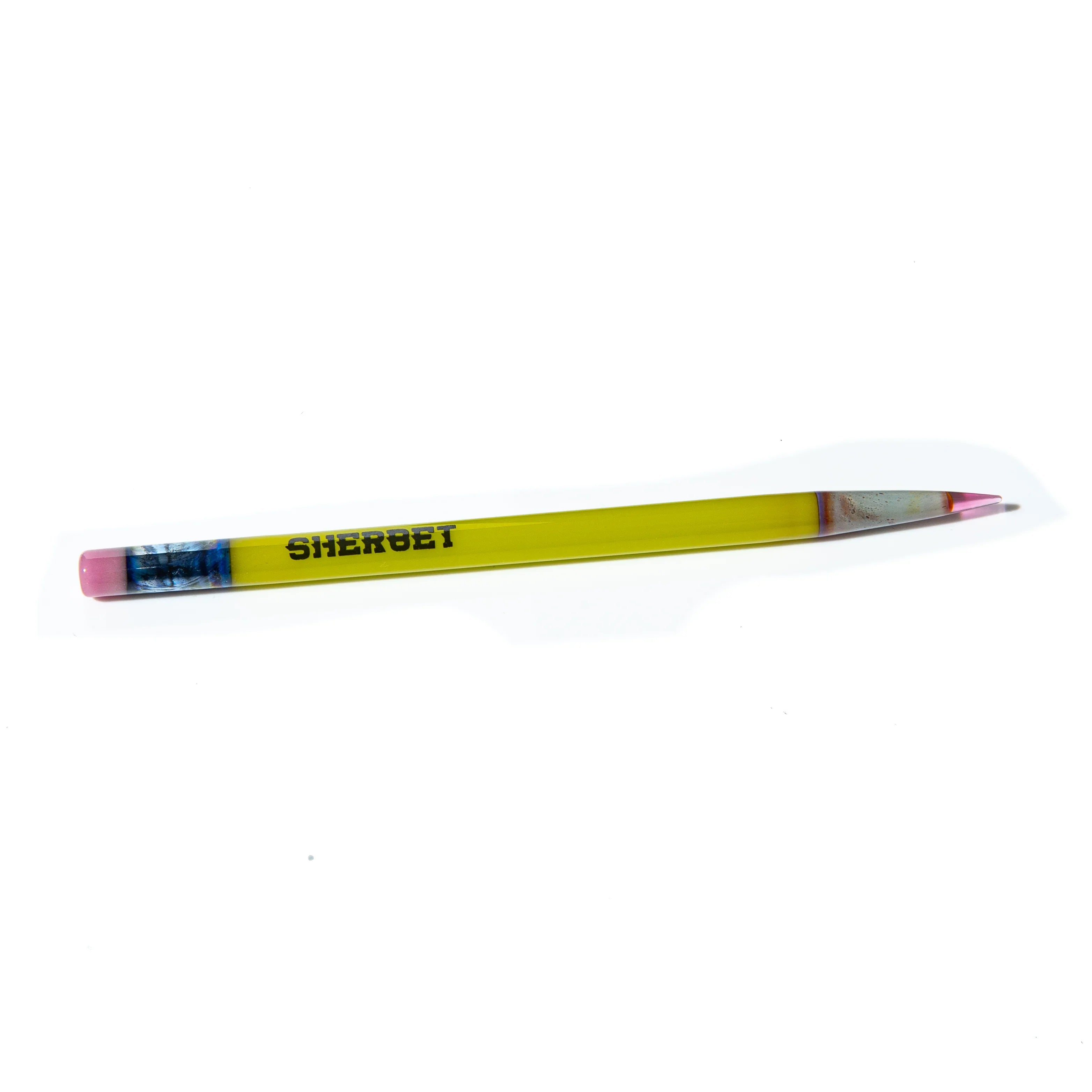 Yellow glass pencil with pink eraser and tip, Sherbet logo visible on white background.