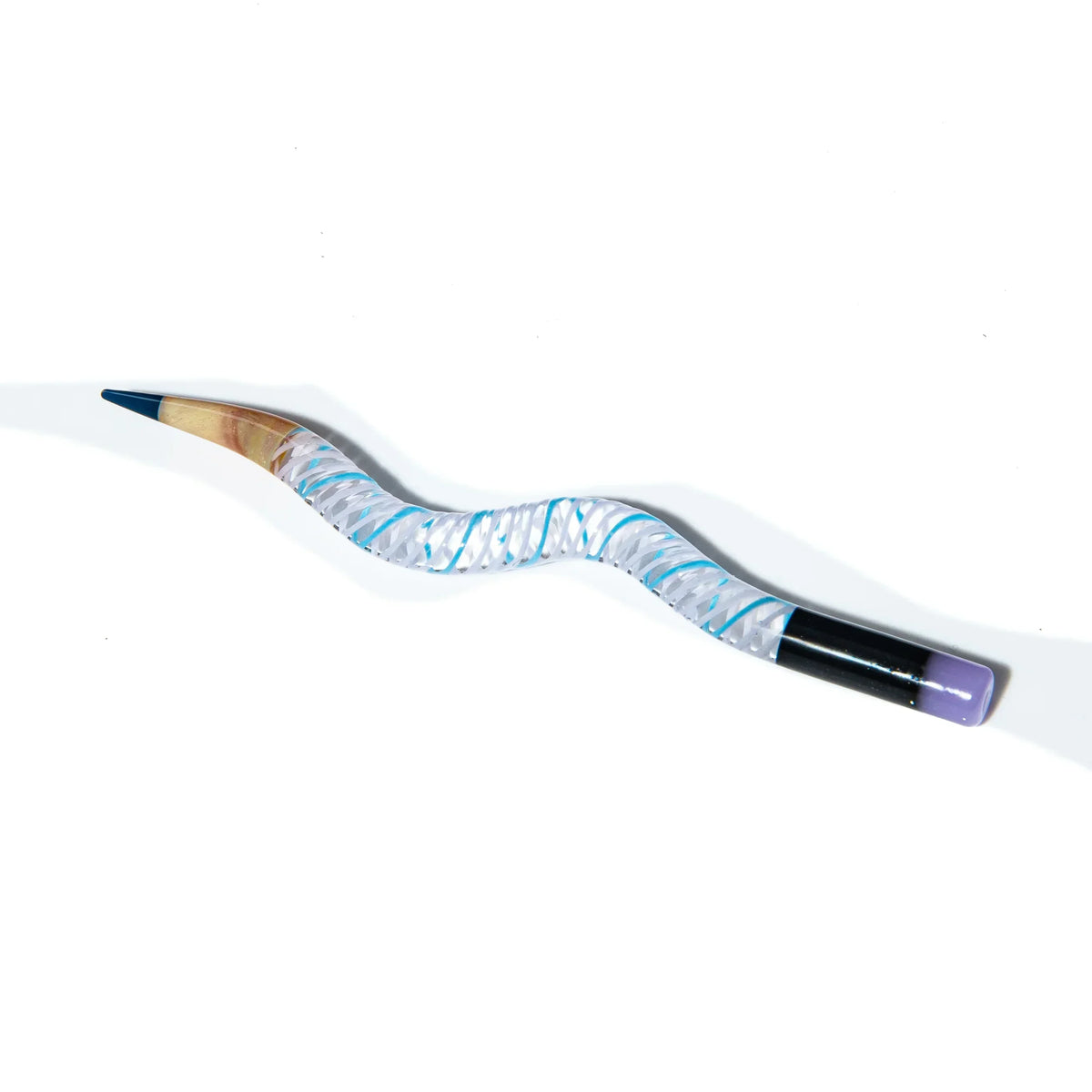 Curved wavy glass chillum with blue, white, and purple accents on white background