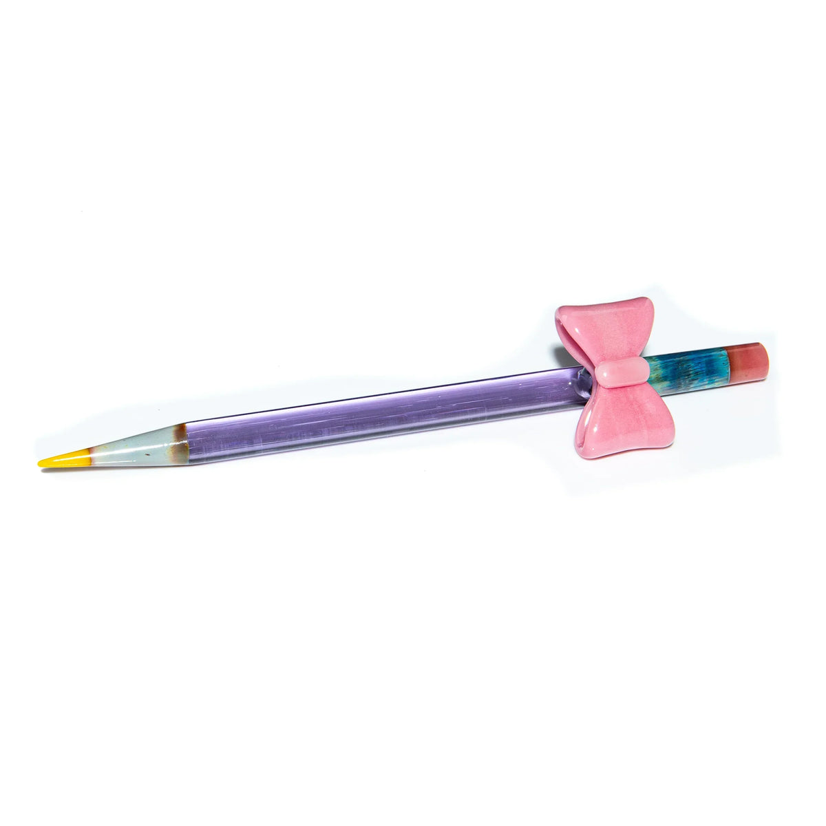Glass dab tool with purple body, pink bow, and yellow tip on white background