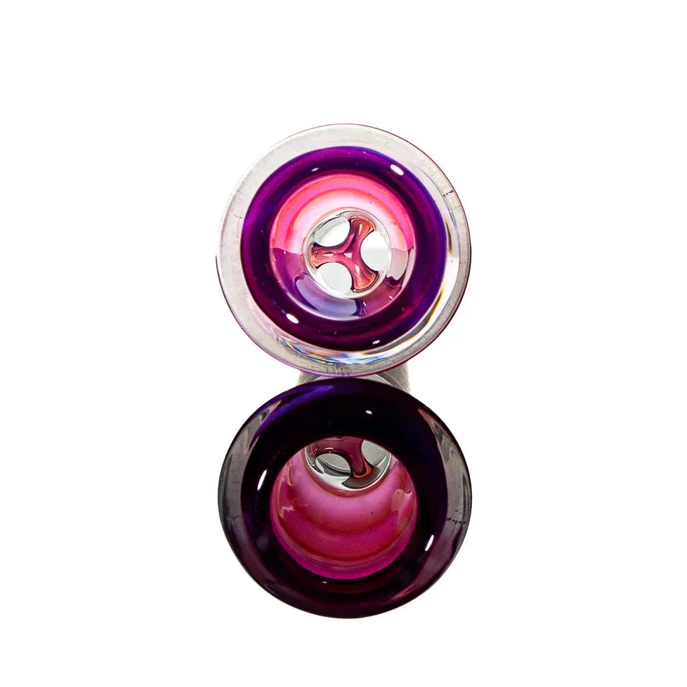 Purple and pink 14mm glass martini slide with multi-hole design, top-down view