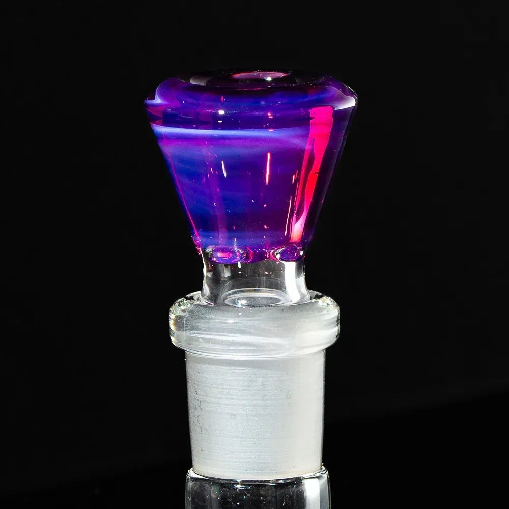Colorful glass 14mm martini slide accessory with purple and pink accents on black background