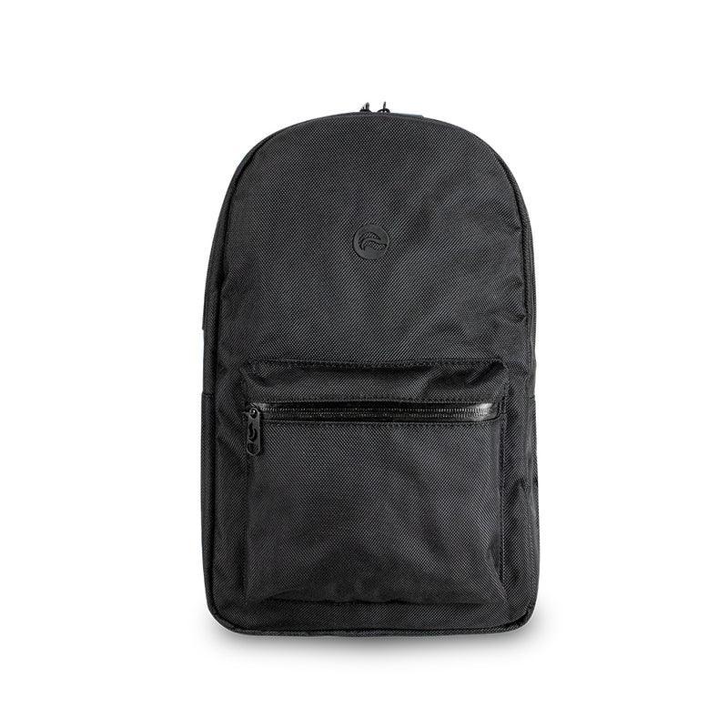Black odor-proof backpack with front zipper pocket and discreet minimalist design