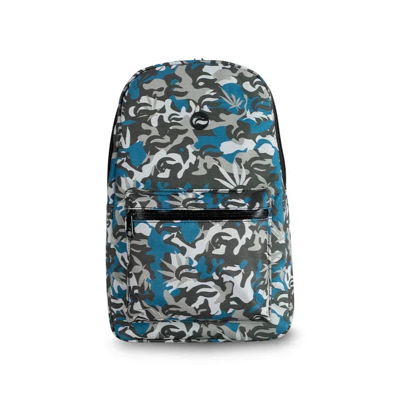 Blue camo backpack with front zip pocket and all-over abstract camouflage pattern