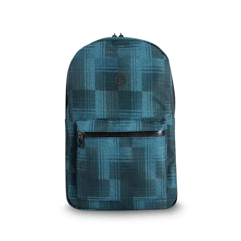 Blue plaid pattern backpack with front zipper pocket and minimalist logo patch