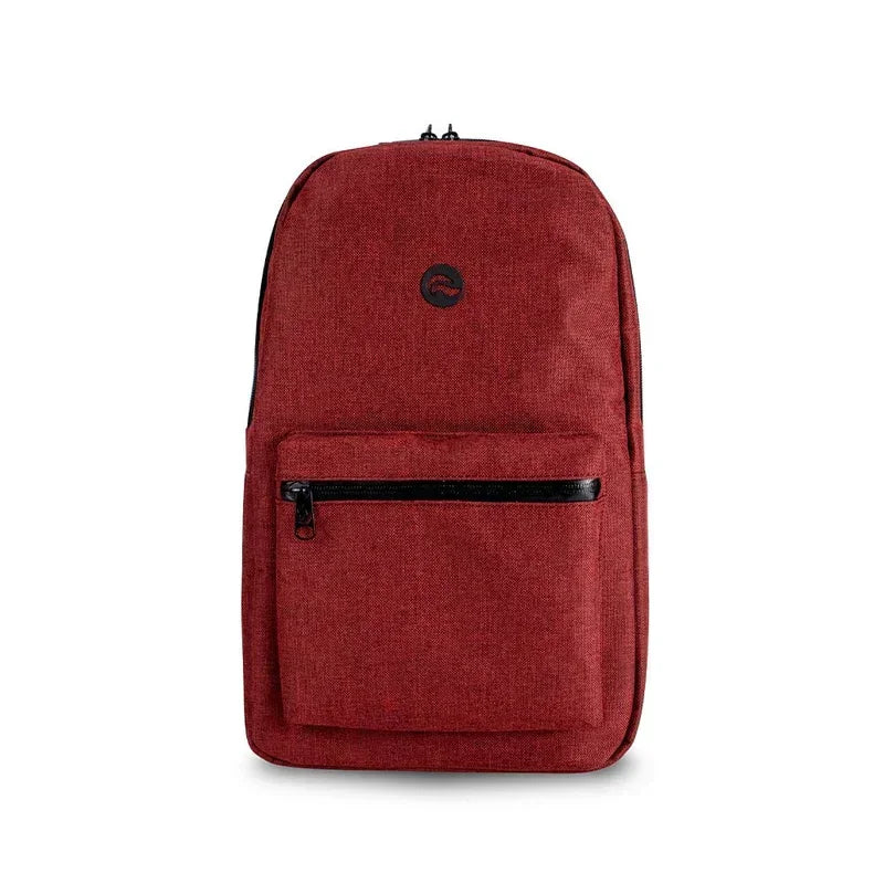 Burgundy backpack with black zipper pocket and small logo, minimalist design