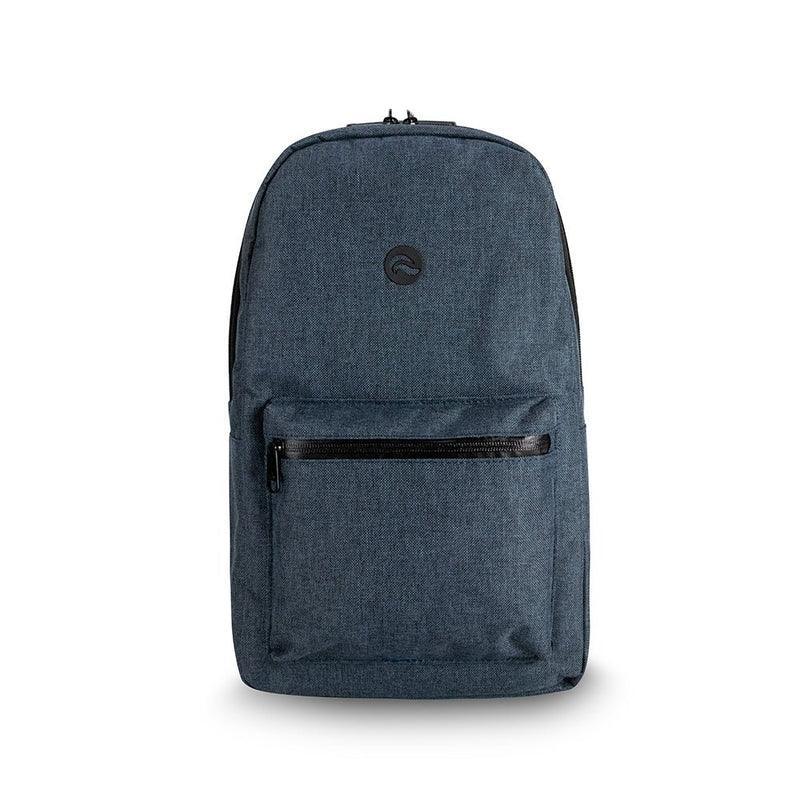 Medium denim blue backpack with front zip pocket and subtle logo, isolated on white background