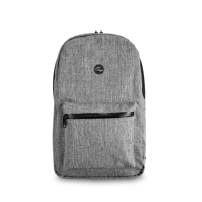 Medium gray backpack with front zipper pocket, minimalist design, and small circular logo
