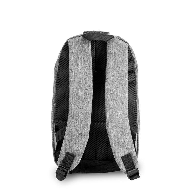 Medium gray backpack with padded shoulder straps and black mesh back panel