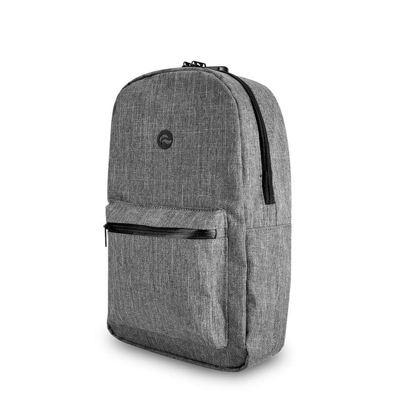 Medium gray backpack with front zipper pocket and minimalist style on white background