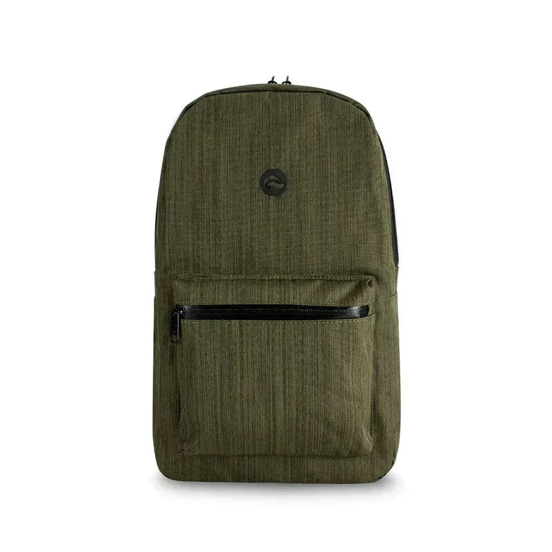 Olive green odor-proof backpack with front pocket and discreet black logo detail
