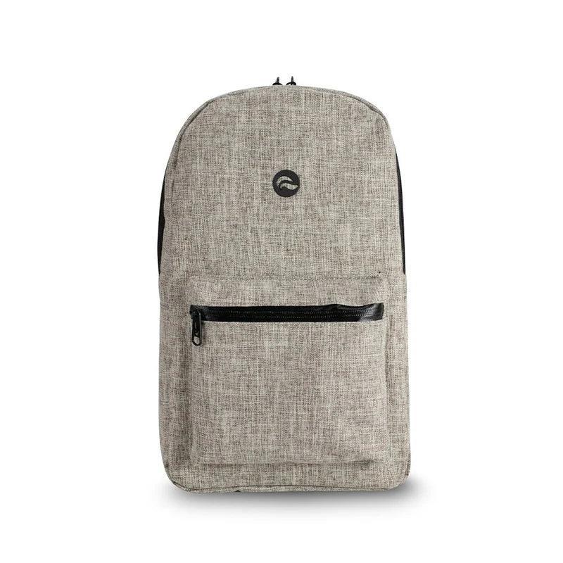 Khaki fabric backpack with front zipper pocket and small black circular logo on top.