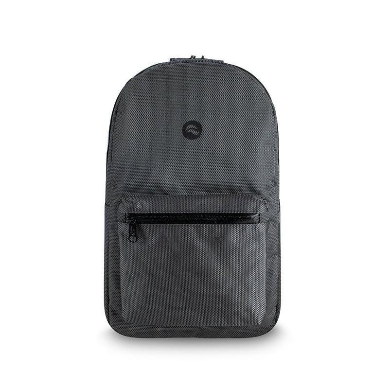 Metal gray backpack with front zip pocket and textured fabric, shown on white background.