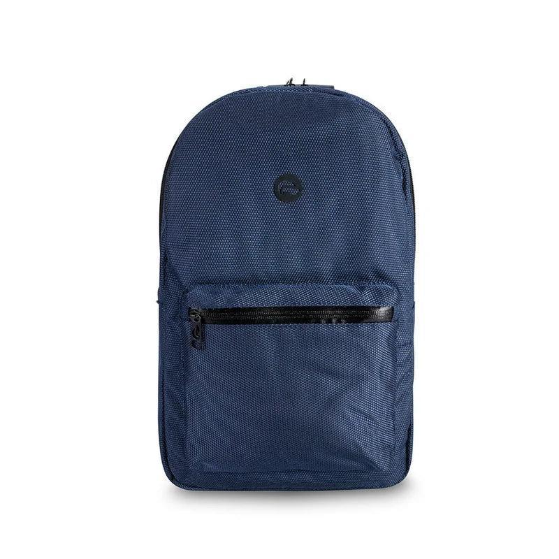 Midnight navy blue backpack with front zipper pocket, minimalist design on white background