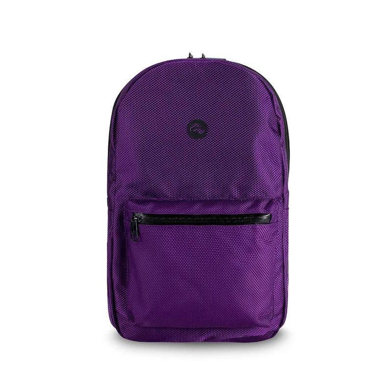 Purple smell proof backpack with front zipper pocket and black accents on white background