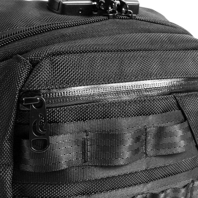 Close-up of black smell proof backpack with zipper and textured fabric detail