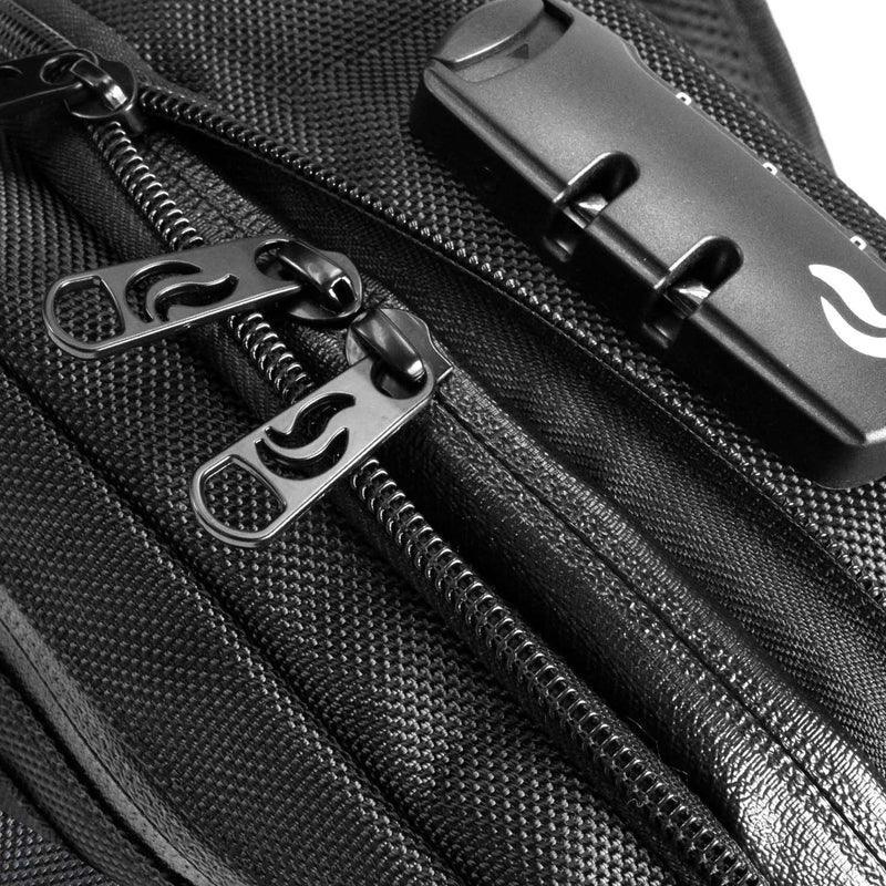 Close-up of black travel bag zippers and lock, textured odor-proof fabric