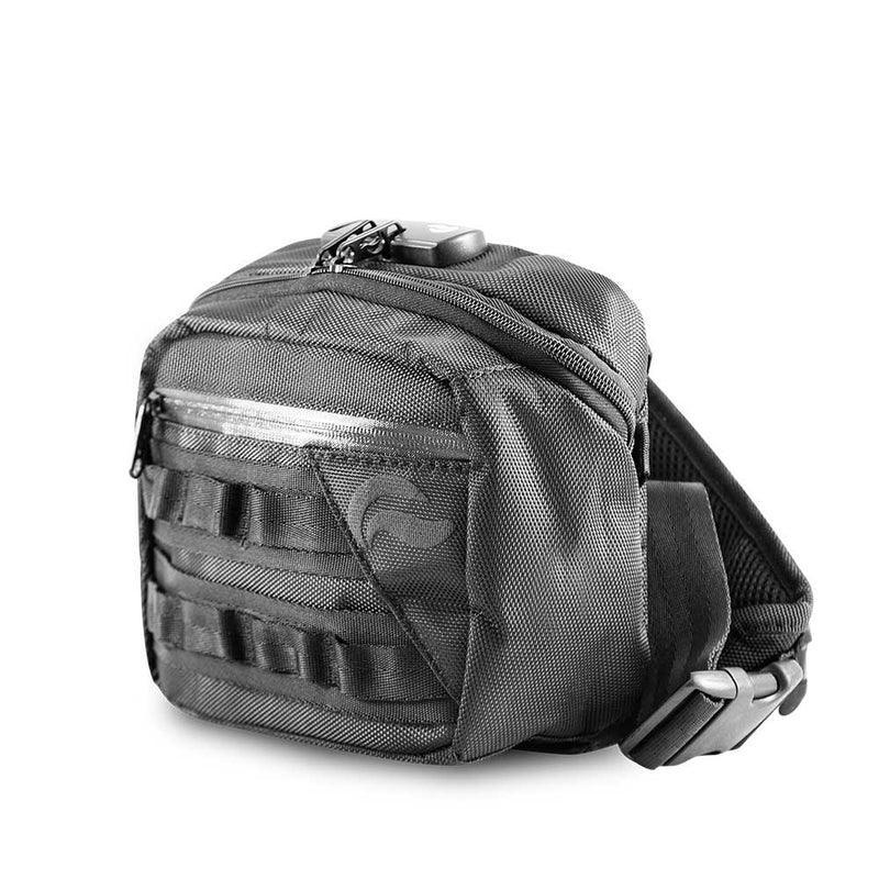 Black tactical crossbody sling bag with zippered pockets and adjustable strap