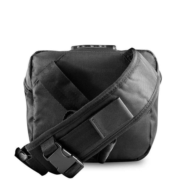 Black smell-proof crossbody bag with adjustable strap and secure buckle, back view