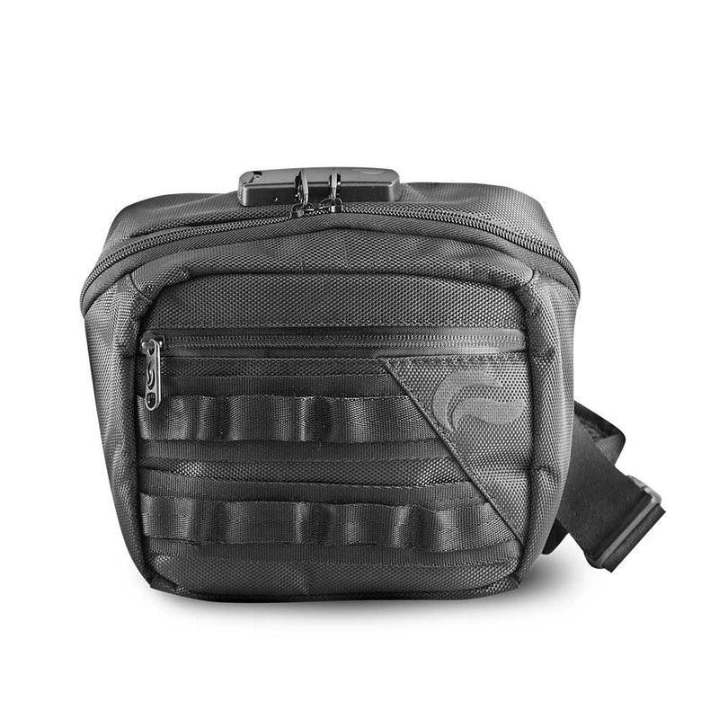 Black odor-proof crossbody bag with zipper pockets and adjustable strap, front view