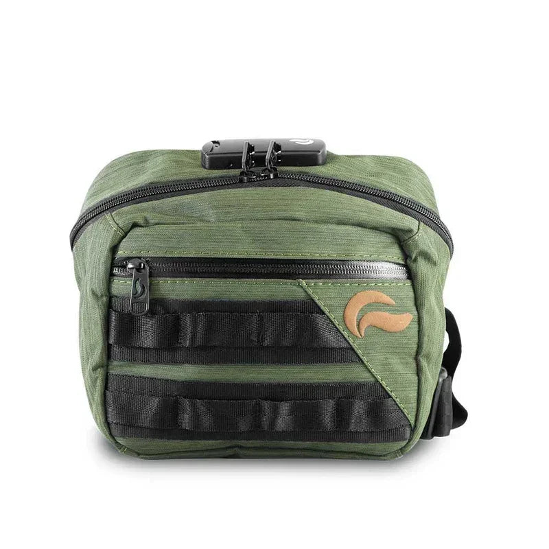 Green odor-proof crossbody bag with lock, front zipper pocket, and black MOLLE webbing.