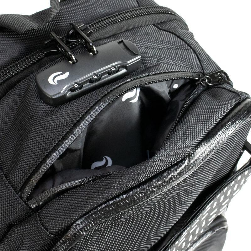 Black odor-proof backpack with zipper pocket and built-in combination lock
