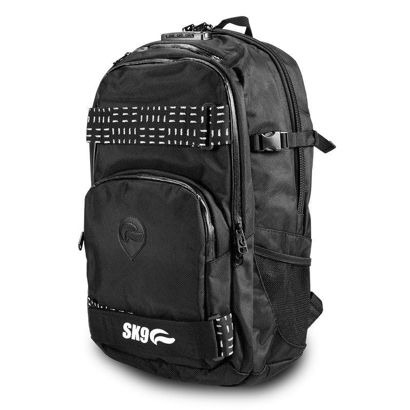 Black SK9 backpack with multiple zipper compartments and white stitched accents