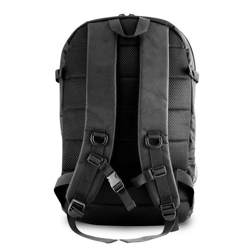 Black backpack rear view with padded straps, adjustable buckles, and mesh padding