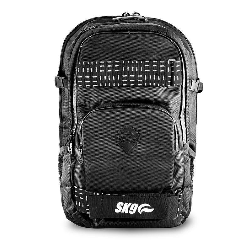 Black SK9 backpack with front zip pockets, mesh sides, and white pattern accents