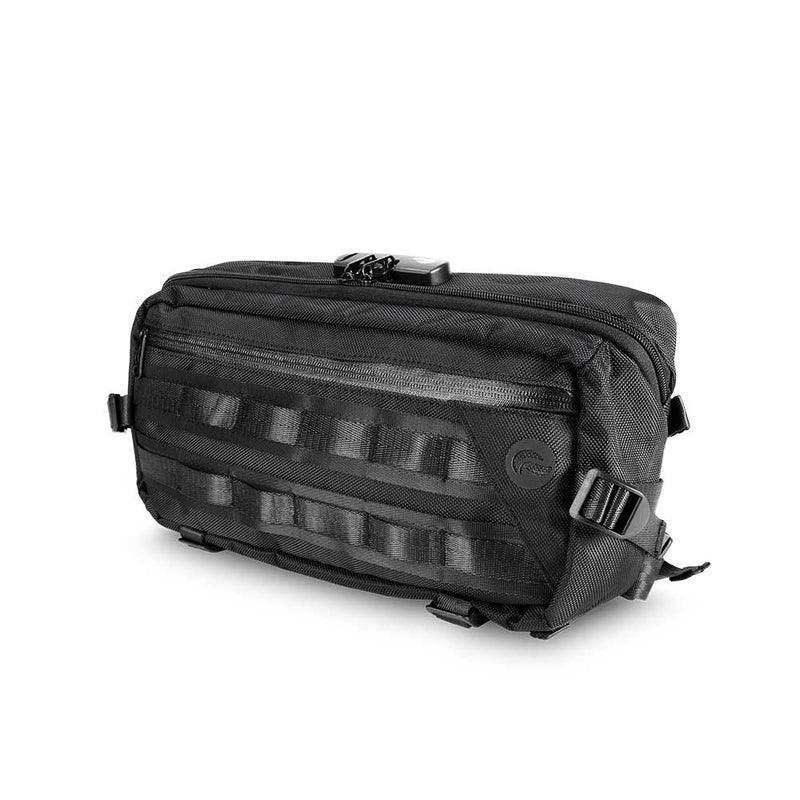 Black tactical sling bag with zippered pockets and adjustable straps, isolated on white background.