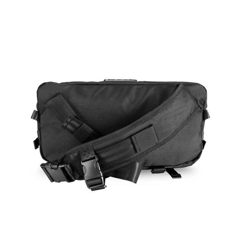 Black sling bag with adjustable strap, sturdy fabric, and secure buckle, rear view.