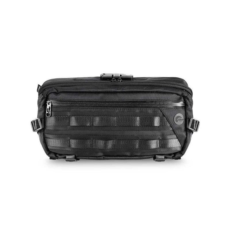 Black smell-proof sling bag with front zipper pocket and modular webbing straps