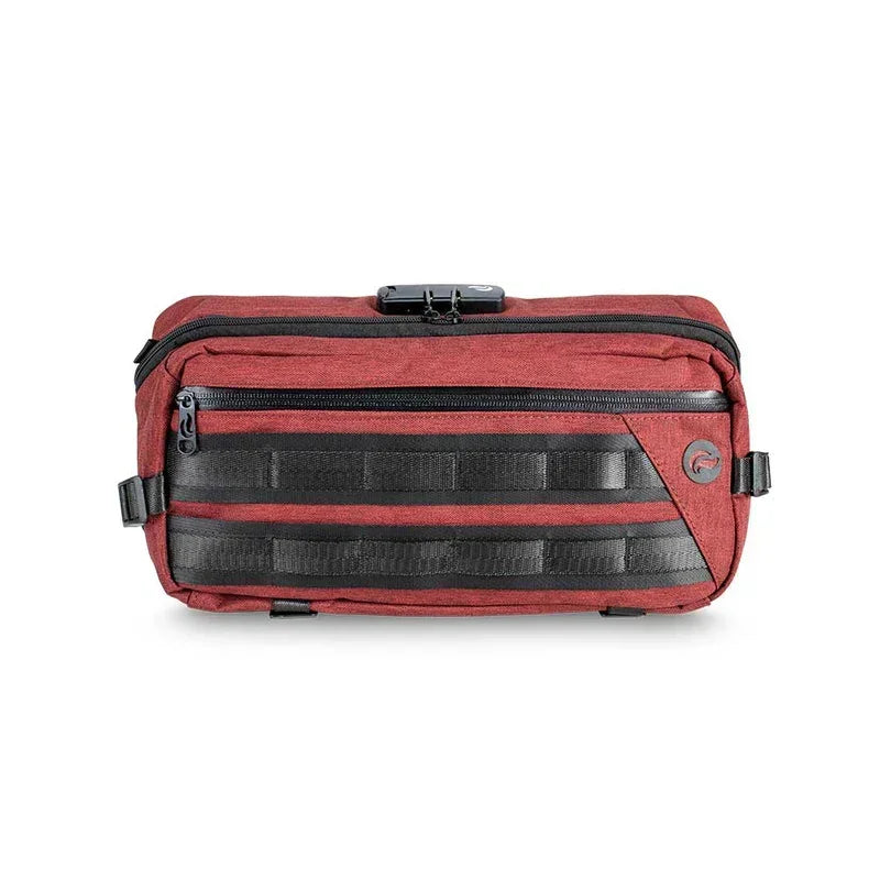 Burgundy smell-proof sling bag with black zippers and front MOLLE webbing.
