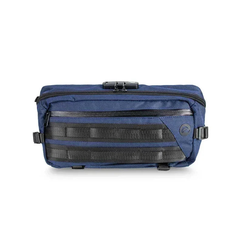 Midnight navy sling bag with black zippers and adjustable straps, front view