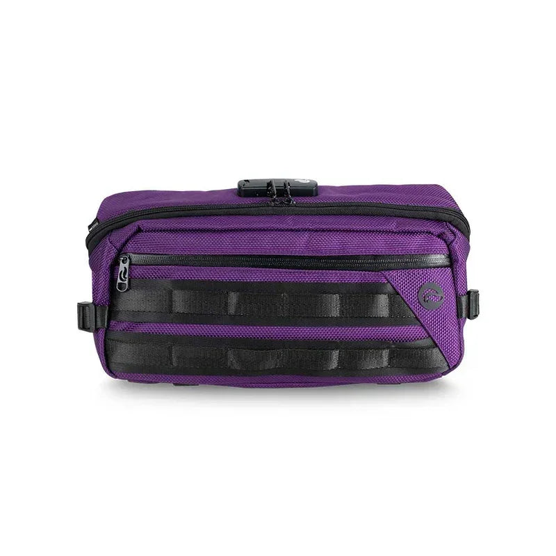 Purple odor-proof sling bag with front zipper pocket and black accents, lock on top.