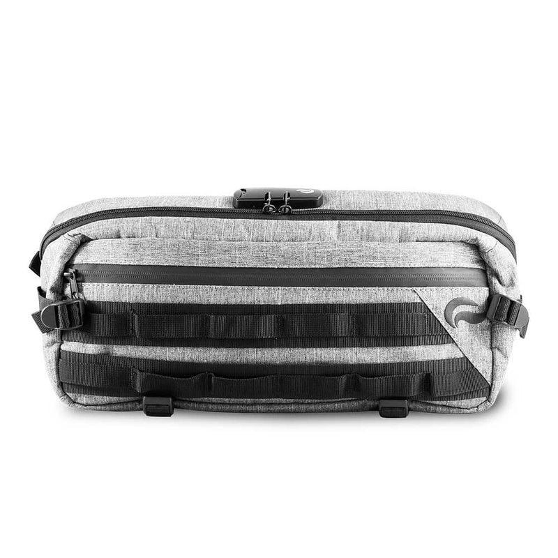 Gray sling bag with front zipper, lock, and black webbing for storage accessories
