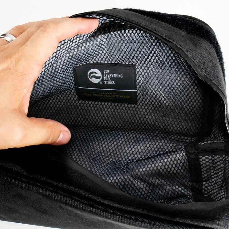 Hand opening charcoal odor-proof travel pouch with mesh pocket and label inside