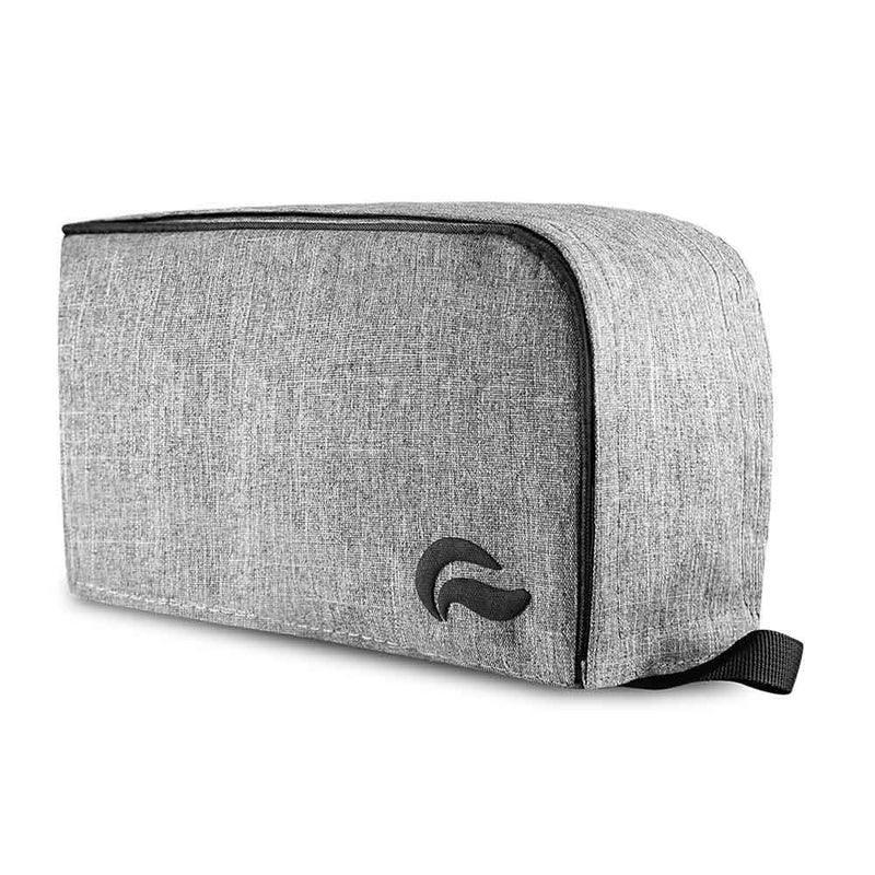 Gray travel pouch with zipper, minimalist design, and small black logo on the side.