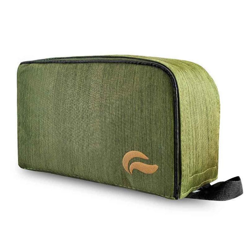 Green travel storage pouch with zipper and minimalist logo, ideal for accessories