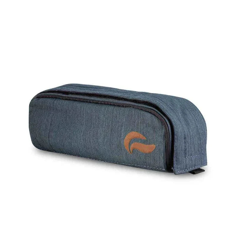 Navy blue travel pouch with zipper and brown logo, protective storage case