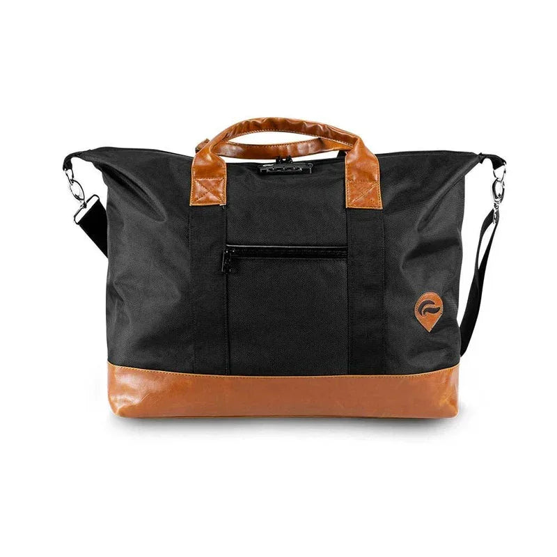 Black and brown duffel bag with leather handles, front zipper pocket, and shoulder strap