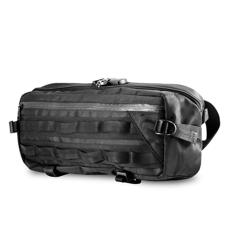 Black tactical sling bag with zippered pocket and adjustable straps, isolated on white
