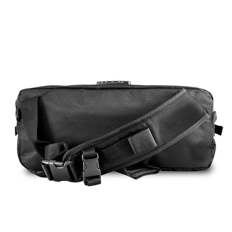 Black sling bag with adjustable strap and buckle, shown from the back on white background