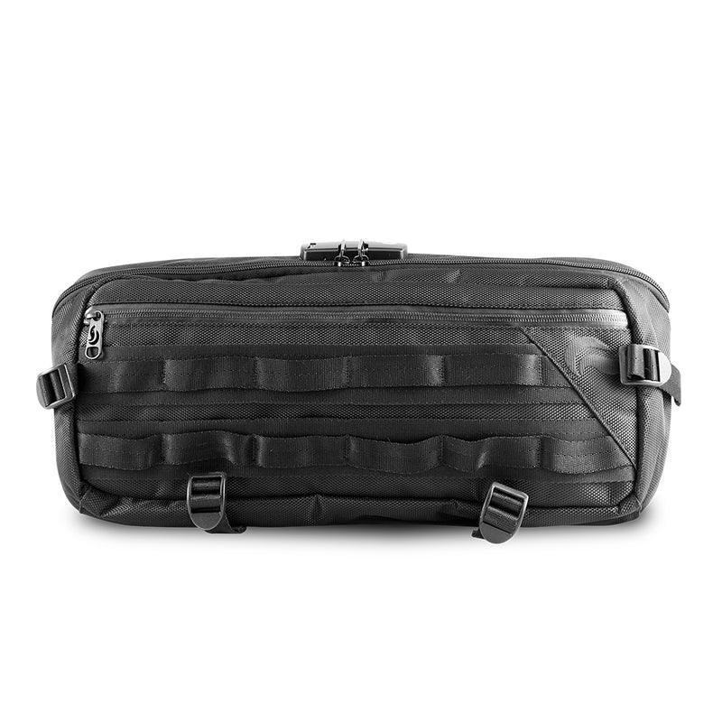 Black tactical sling bag with front zipper pocket and buckle straps on white background