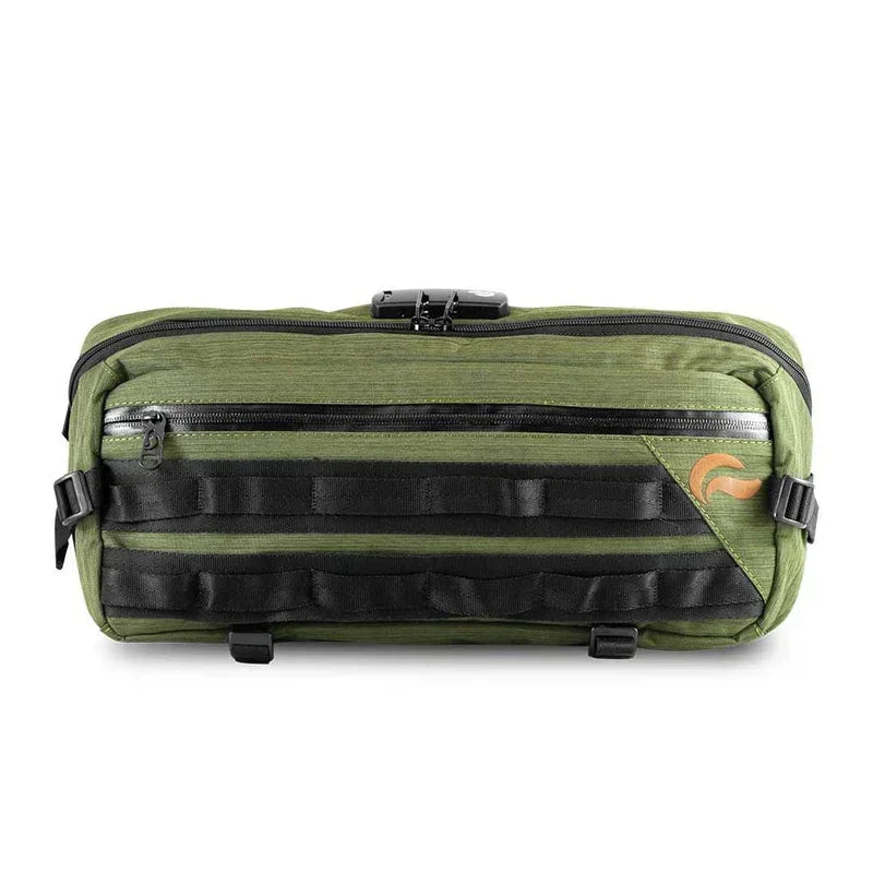 Green odor-proof sling bag with lock, black straps, and front zipper pocket.